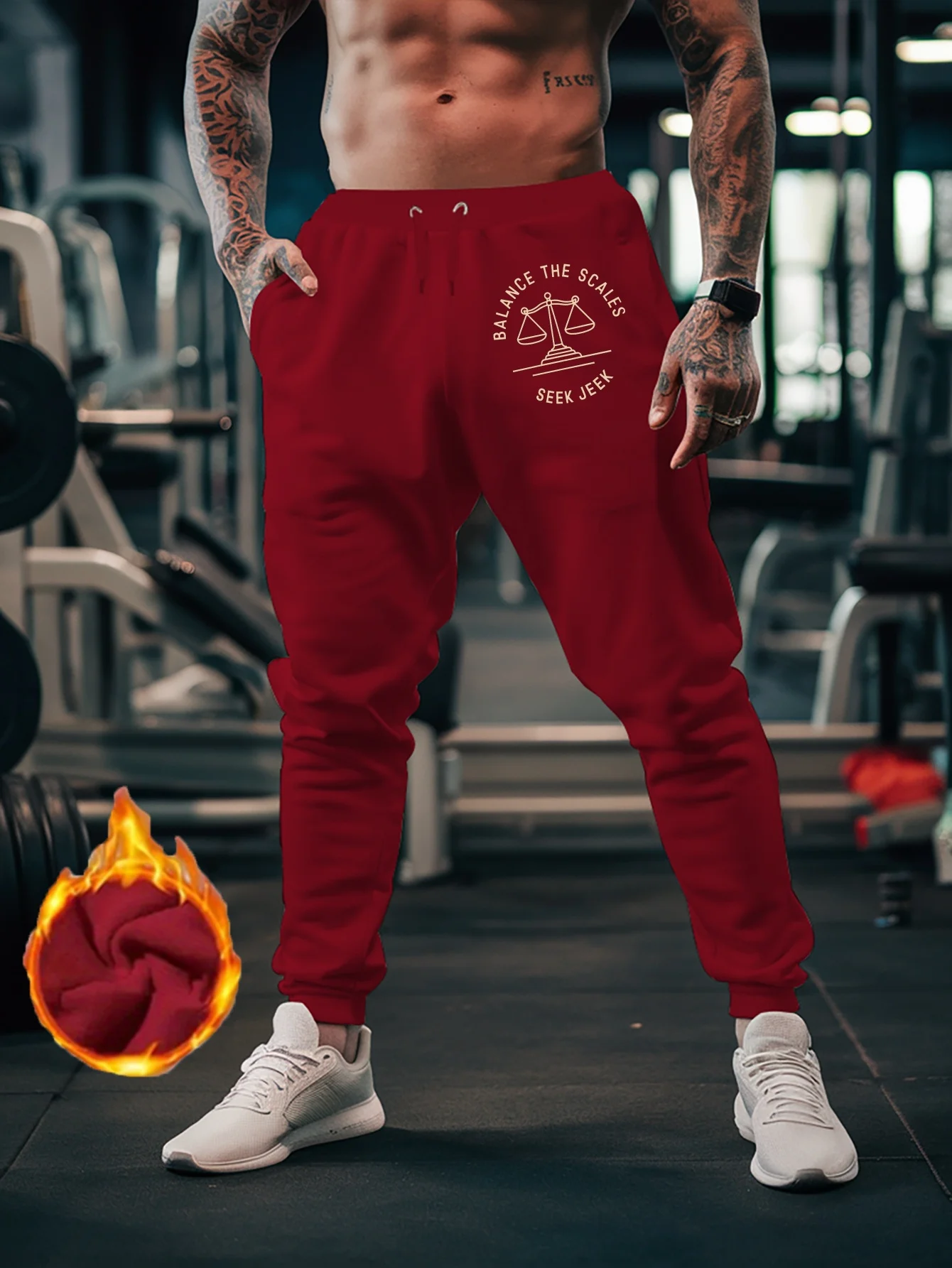 Symbol‑aesthetic balance scales graphic letter print stylish tapered sweatpants men hip hop sports jogger trousers soft texture
