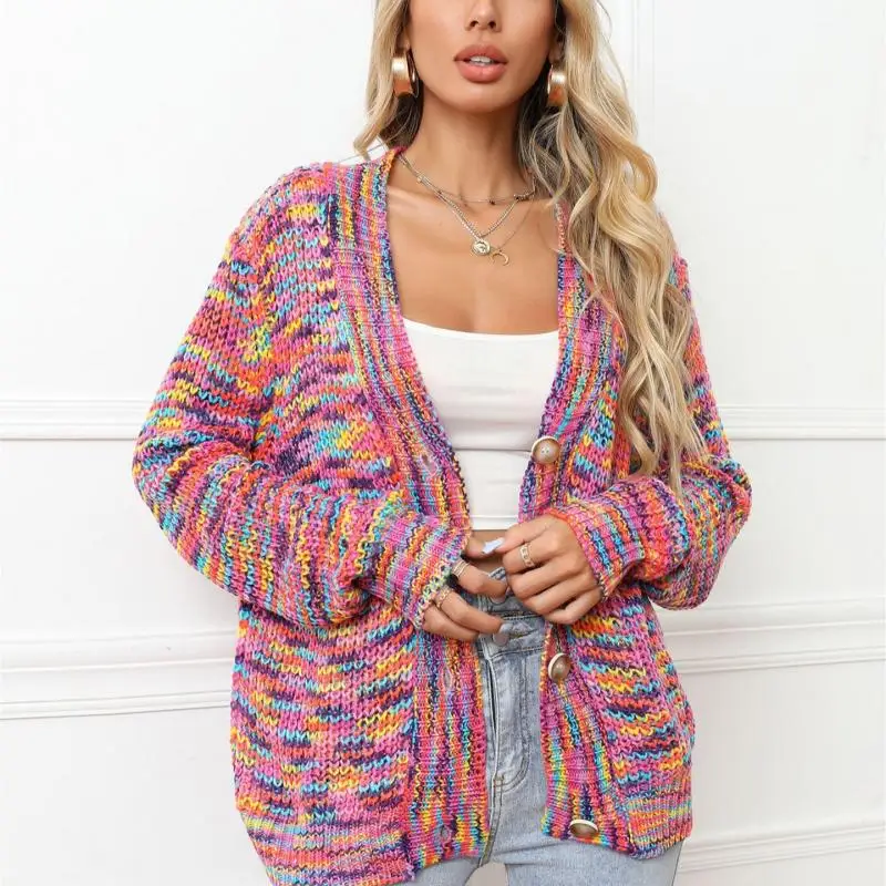Women Multicolor Striped Knit Cardigan V Neck Long Sleeve Button Down Chunky Sweater Coat Boho Y2K Fall Winter Outerwear