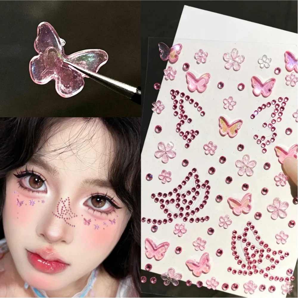 1pcs Pink Butterfly Face Jewels Stickers Crystal Rhinestone Eye Corner Stickers Cute Flower & Butterfly Face Diamonds for Girls