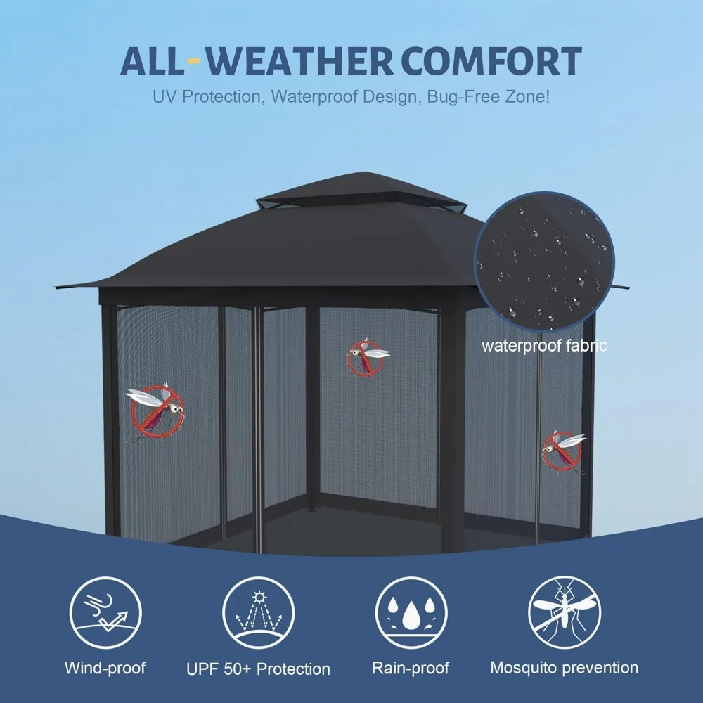 11'X11' أكشاك منبثقة مع 4 جدران جانبية ناموسية، خيمة مظلة فناء شديدة التحمل مع أسطح هوائية مزدوجة للساحات الخلفية #5
