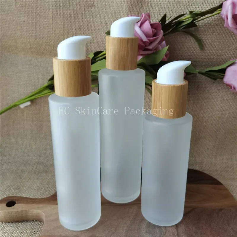 

hot sale high quality Bamboo Glass Flat Shoulder Body Lotion Bottles /Toner Luquid Cosmetic Container Packaging Skin Care Tools