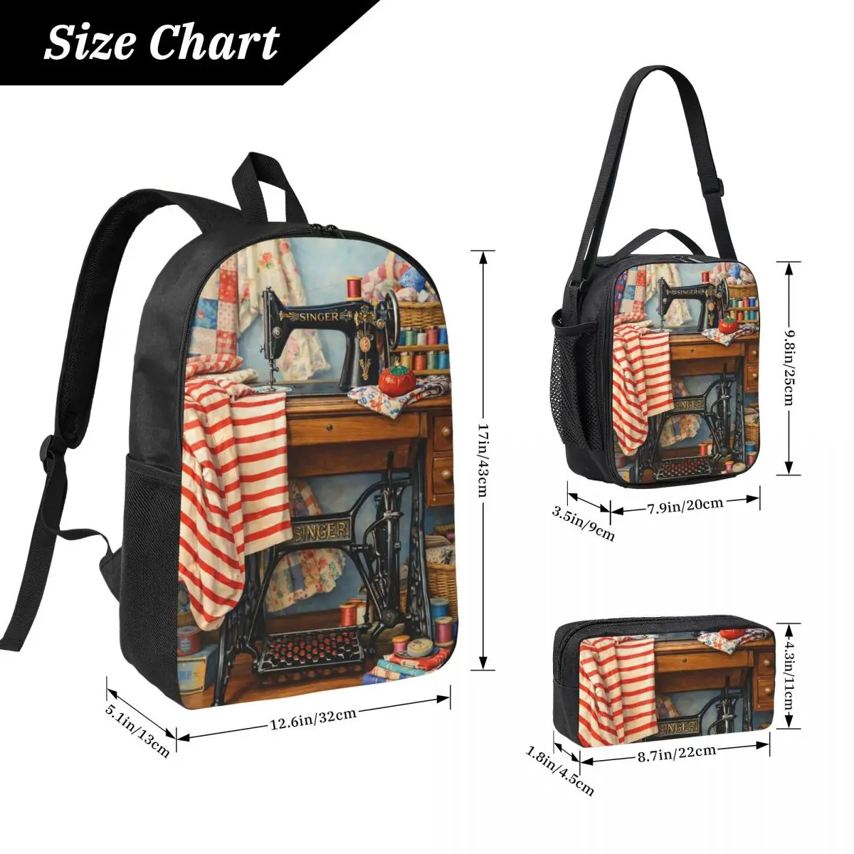 Sewing Machine Sewing Time Backpack Boys Girls BookBag School Bag Computer Shoulder Bags 3ps Insulated Lunch Bag Pencil Case