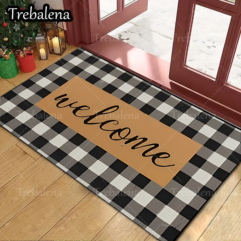 

1pc Welcome Door Mat Welcome Script on Plaid Pattern Doormat for Home Entrance Decor