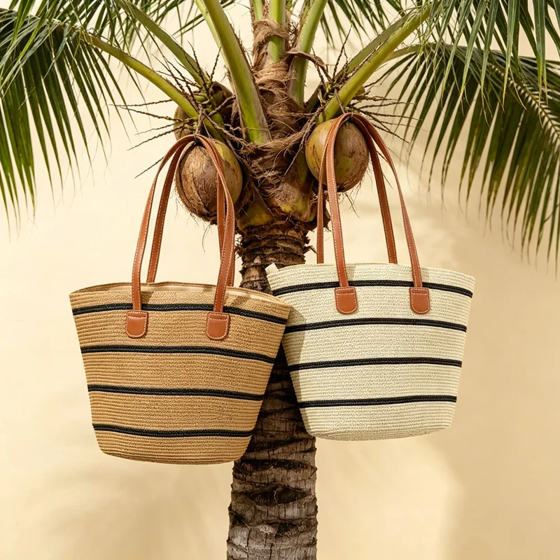 CLAREGQI  Women's Wide Striped Straw Tote Bag, Large Capacity Woven Beach Shoulder Bag with PU Leather Handles, Summer Casual Ha