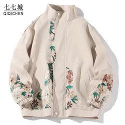 Spring Embroidery Jacket Men Vintage Flower Patchwork Varsity Jackets Japanese Harajuku Casual Coat Unisex Oversize Streetwear