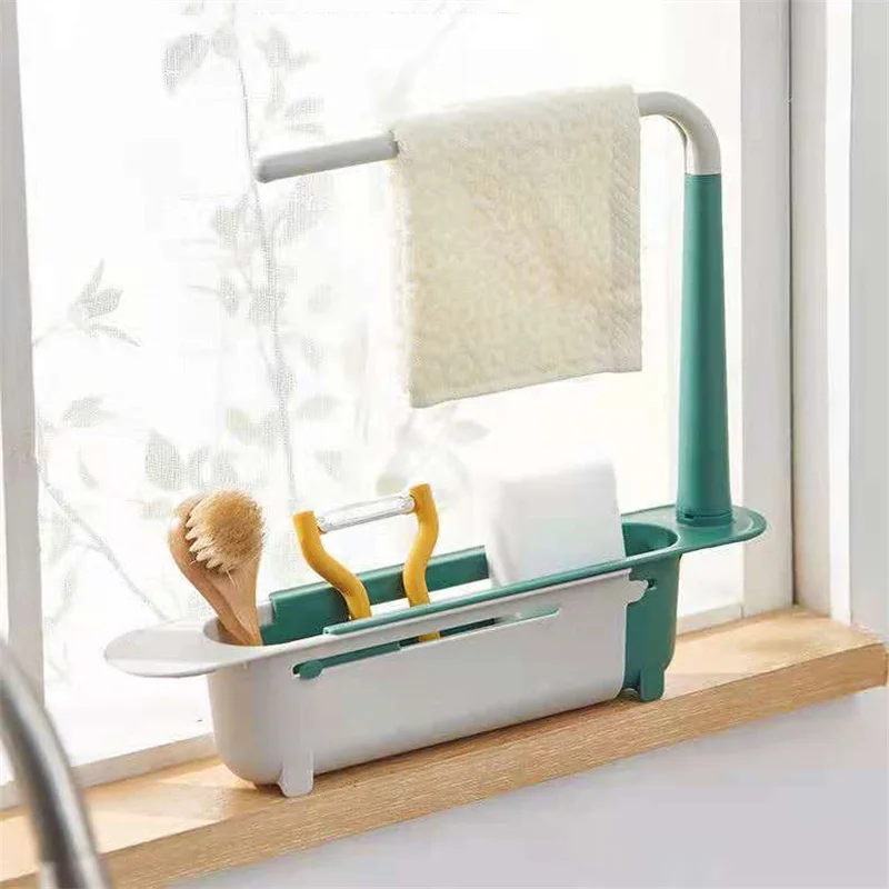 Kitchen Sink Organizer Telescopic Sink Shelf Soap Sponge Holder Towel Hanger Sink Drain Rack With Drainer Basket Kitchen Gadgets