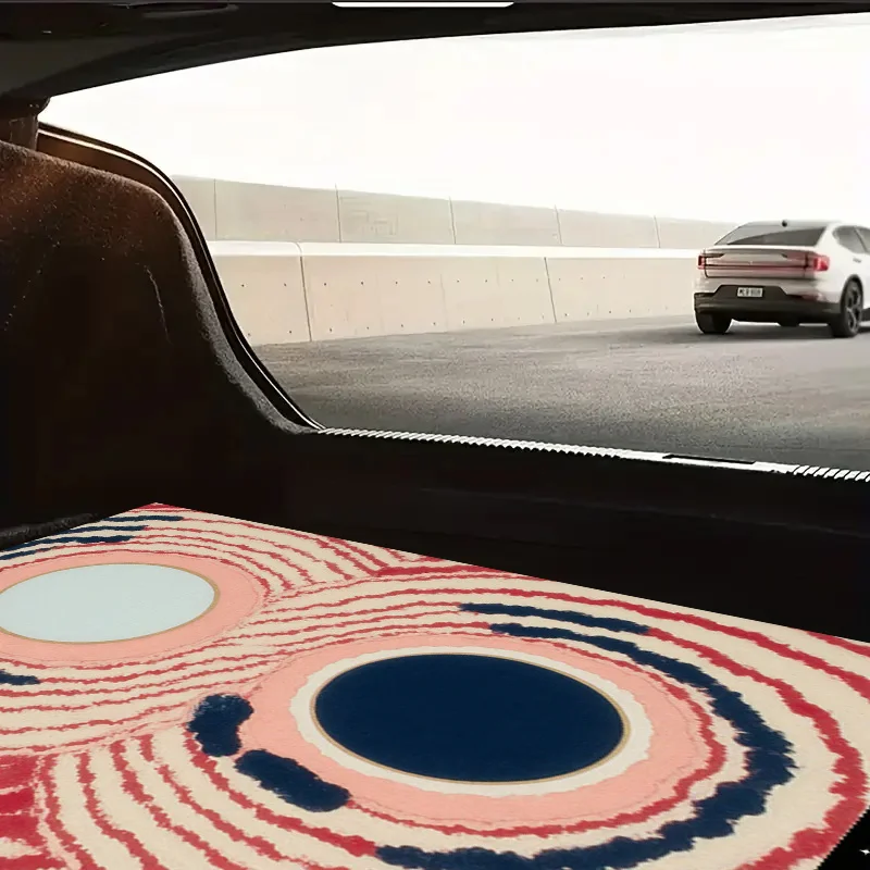 Long-Lasting Trunk Liner For Vehicles Featuring A Stylized Design Of Abstract Eyes On A Red Backdrop With Blue Highlights. This - view 4