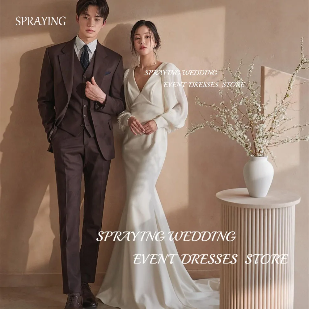 

SPRAYING Korean Wedding Photos Simple Satin V-Neck long sleeves Wedding Dresses Mermaid Trumpet Floor-Length Long Bridal Gown