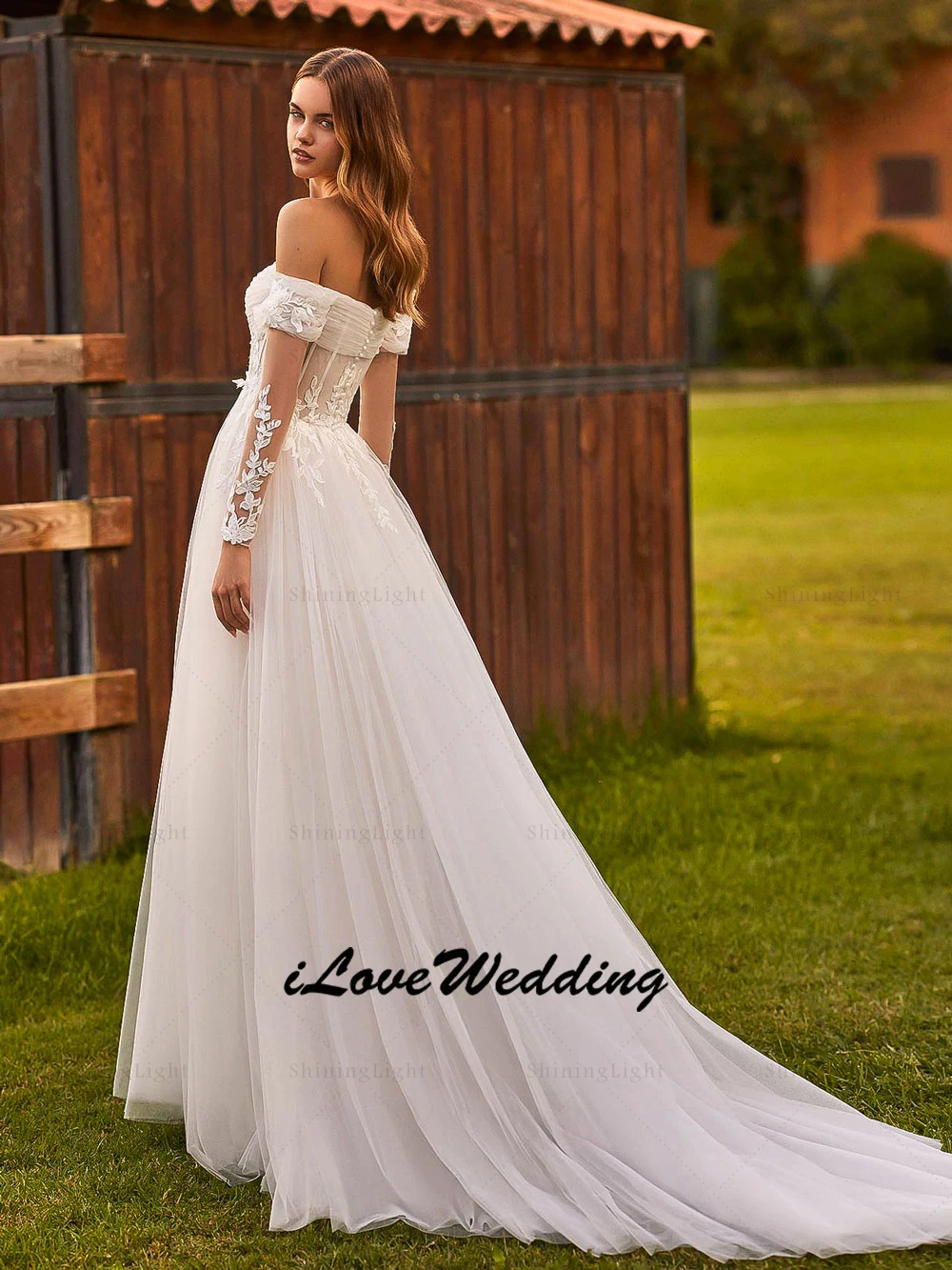 ShiningLight Beach Off-Shoulder Long Sleeves Bridal Wedding Dress 2026 Sweetheart Soft Tulle A-Line Boho Wedding Gown Customized