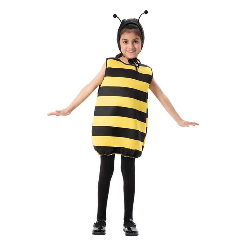 Girls Boys Bee Cosplay Costume Sleeveless Striped Tulle Patchwork Letters Print Dress Hat