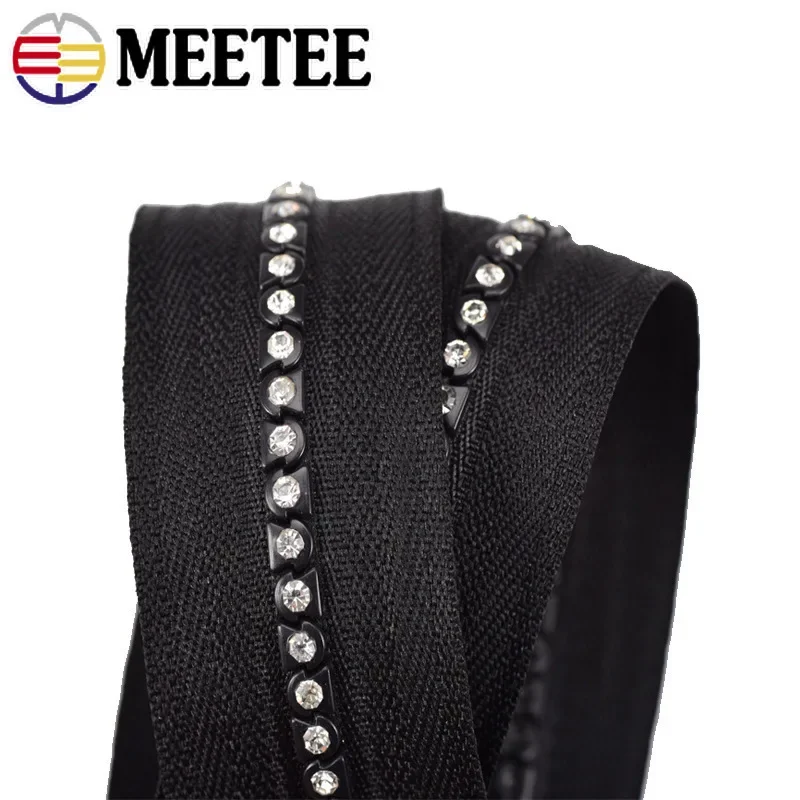 1Pc Meetee 50/60/70cm 5# Resin Rhinestone Zipper Open-End Auto Lock Diamond Decoration Zips for Jacket Coat DIY Sewing Zippers