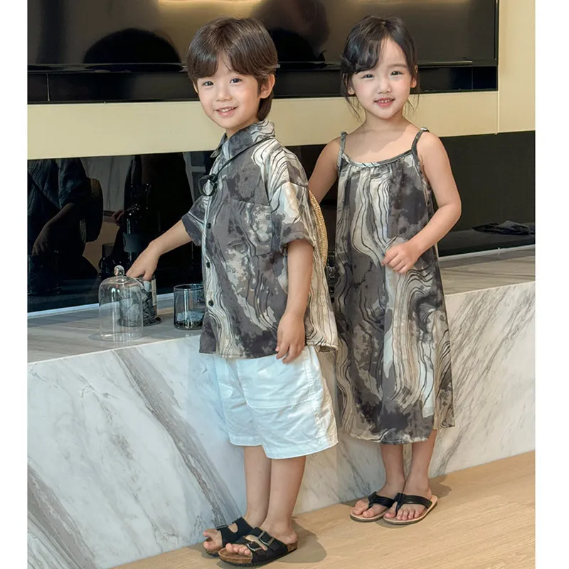 Summer Brother and Sister Matching Vacation Clothing Children Twin Clothes Baby Girl Sling Dress Kids Boys 2 Pieces Outfit Set