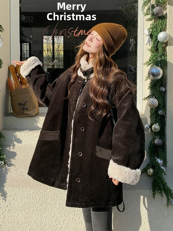여성용 코듀로이 다운 재킷 중간 길이 플러피 벨벳 패딩 코트 겨울 패션 한국 스타일 슬림 아우터웨어