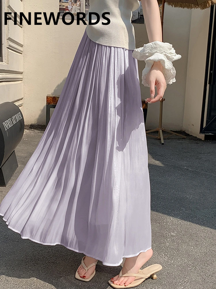 

FINEWORDS Vintage Elastic Waist Midi Skirt Solid Casual Chiffon Skirt Easymatch Summer Beach Korean Long Skirt