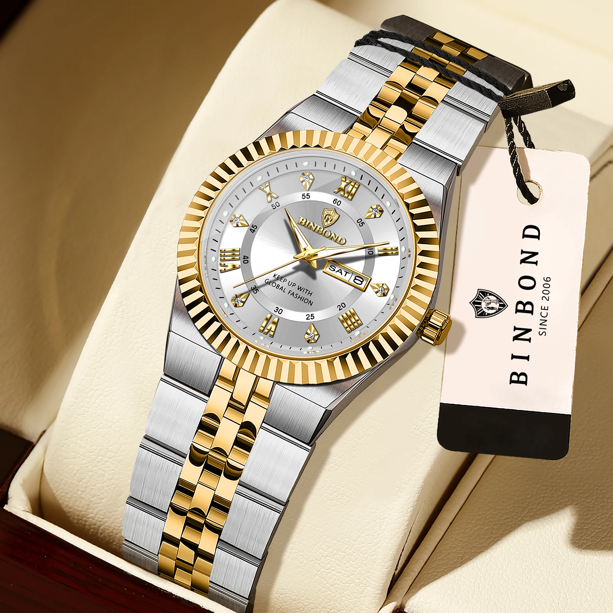 BINBOND Original Quartz Watches For Men Week Display Auto Date Stainless Steel Luminous Waterproof Men's Watch Luxury Reloj