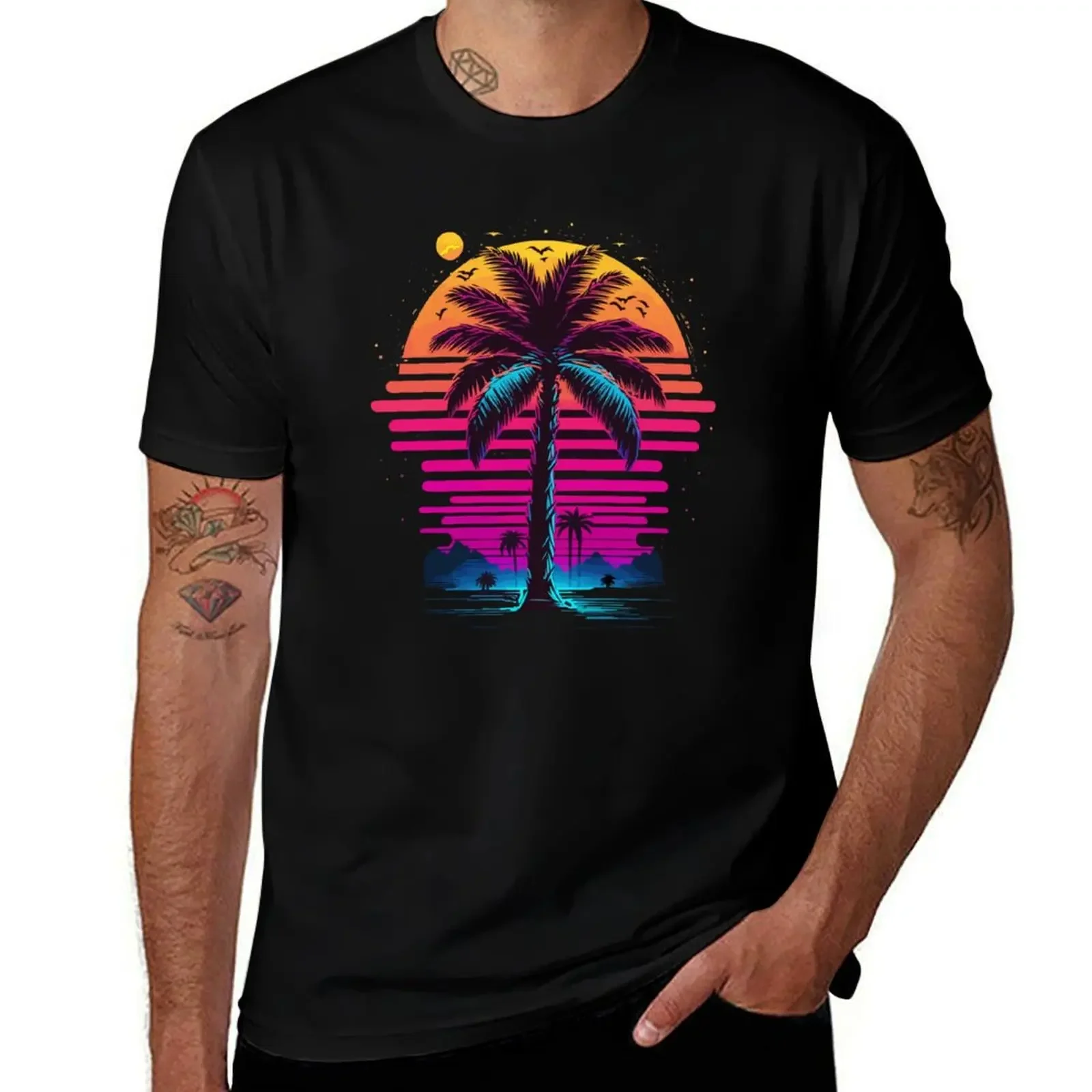 Retro Glitch Island Sunset Synth Aesthetic Silhouette T-Shirt plus size tops customizeds anime figures clothes for men