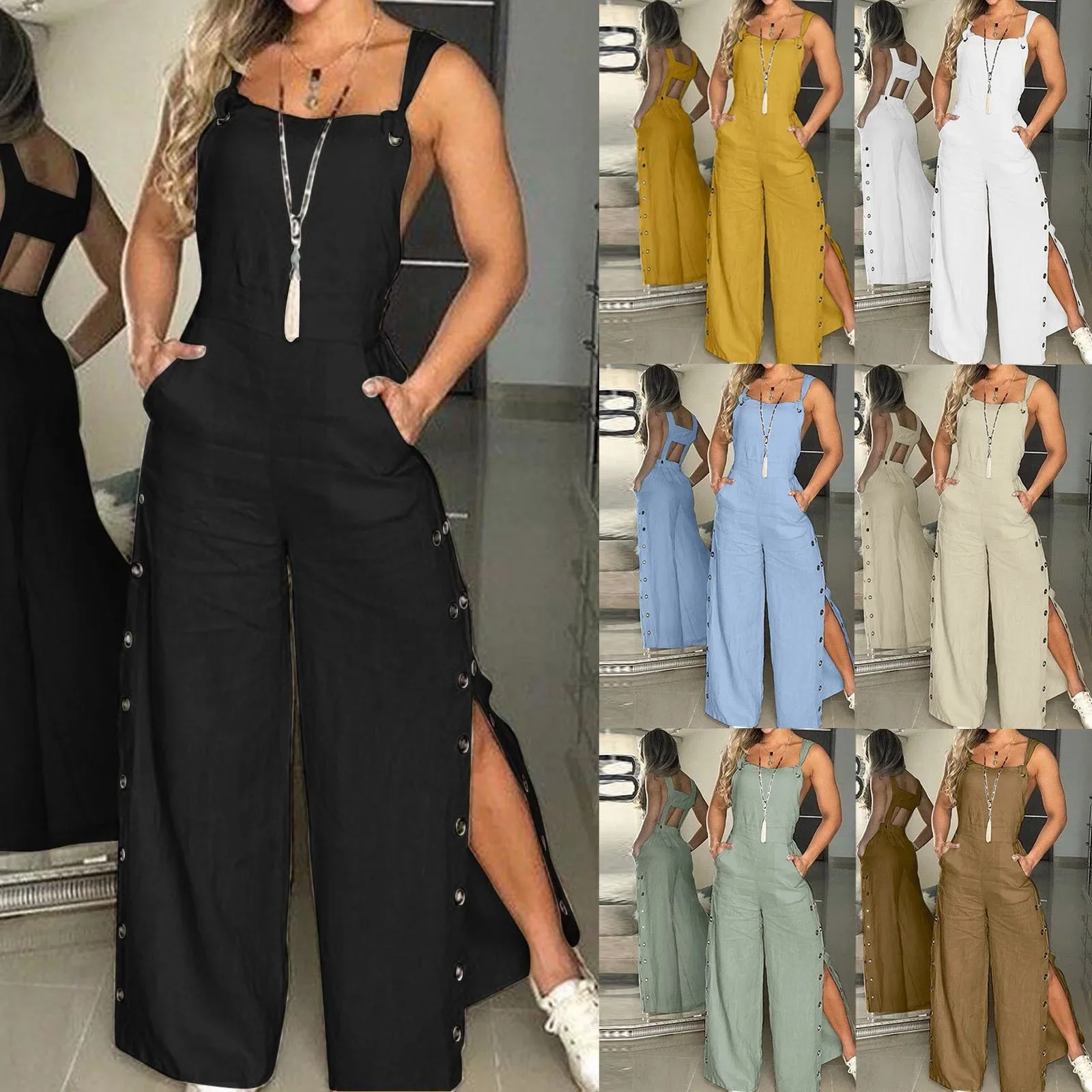 ผู้หญิงฤดูร้อนแขนกุดผ้าฝ้ายผ้าลินิน Playsuits Strappy ปุ่มด้านข้างเปิด Overalls หลวมยาวกางเกงขากว้างหญิง Jumpsuits