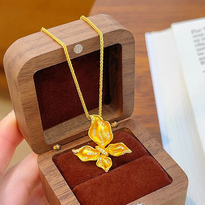 

K18 Butterfly with Zircon Gold Color Pendant Necklace for Women Wedding Engagement Luxury Chain Ring Fine Jewelry Sets