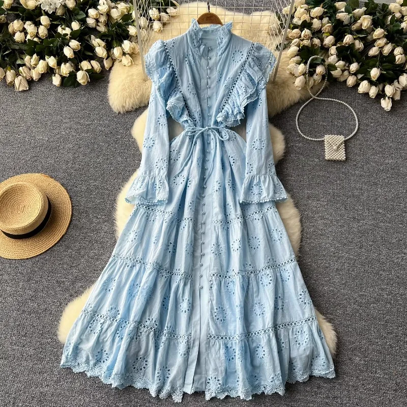 Retro Elegant Summer Ruffle Spliced Hollow Out Embroidery Dress A-line Flare Long Sleeve French Vacation Women Vestidos Dresses - AliExpress 200000345 Retro Elegant Summer Ruffle Spliced Hollow Out Embroidery Dress A-line Flare Long Sleeve French Vacation Women Vestidos Dresses - AliExpress 200000345