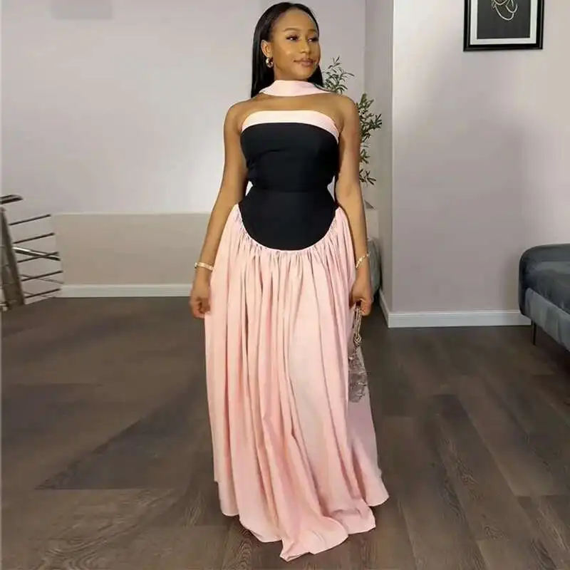 

Women's Fashion 2025 Summer New Style Fashion Strapless Color Block Low Waist Ruched Long Dress Dress Robe Vestido Women Party