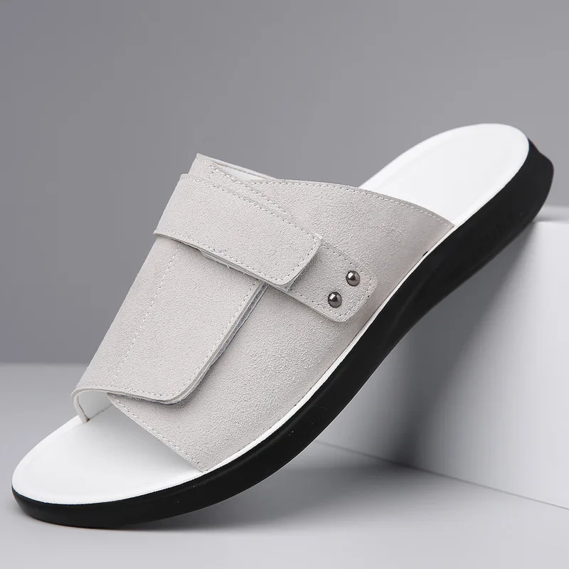 

Men's Casual Lightweight Slide Slippers, Adjustable Strap Suede-Like Dual-Use Driving Sandals, Fashionable Summer Footwear