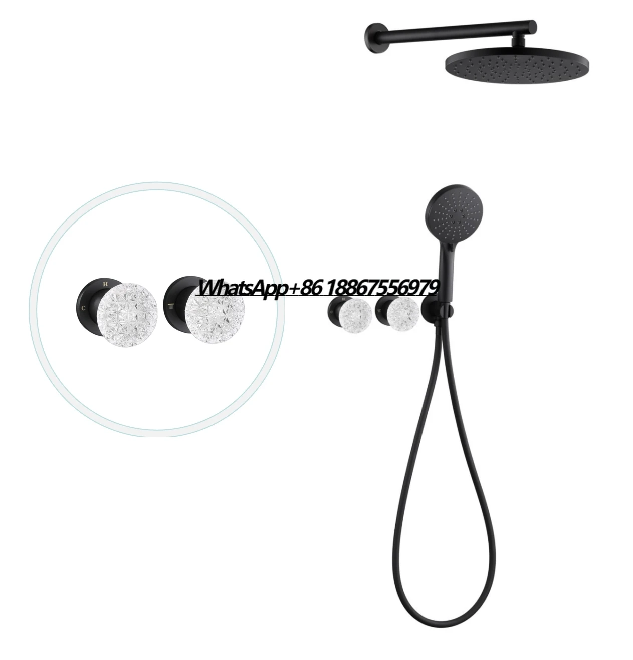 

2 Ways Matt Black Bathroom Shower Hot and Cold Shower Mixer in Wall Mounted Rain Concealed Shower Set with Crystal Handles