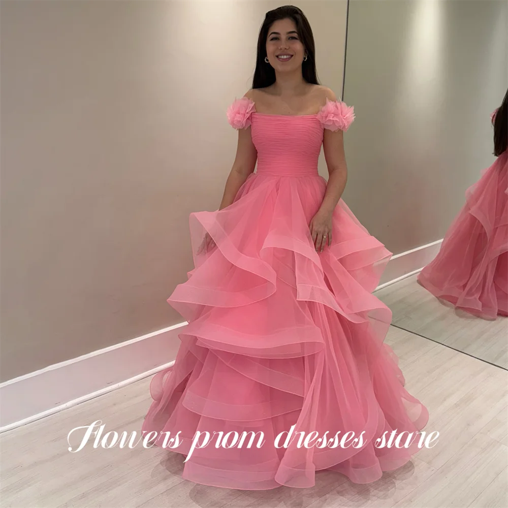 

Flowers Pink Evening Dress Off the Shoulder Short Sleeve Party Dresses Layered Tulle vestidos de fiesta Prom Gowns Customized