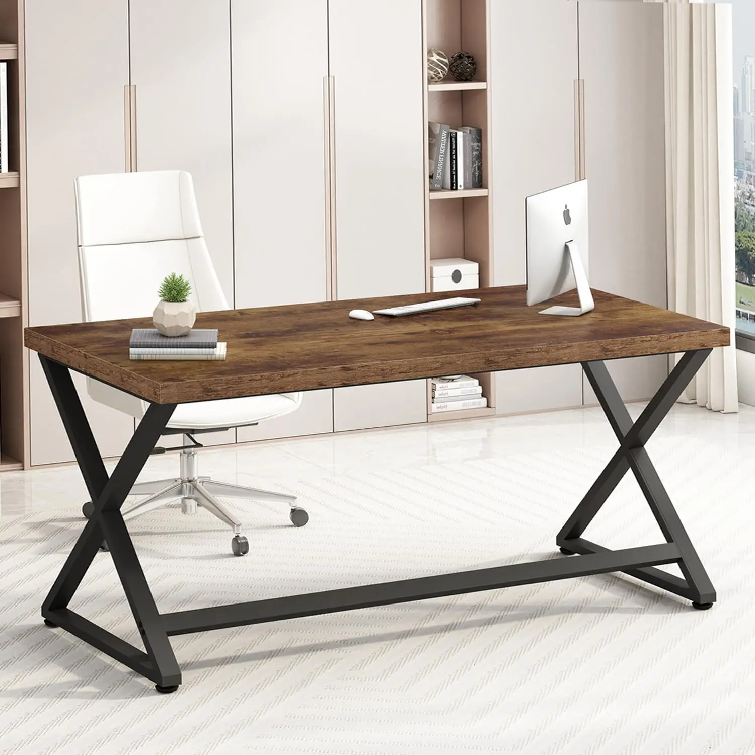 

55 inch Computer Desk, Farmhouse Home Office Desk, Industrial Wood Metal Legs Work Desk for Writing Study, Vintage Minim