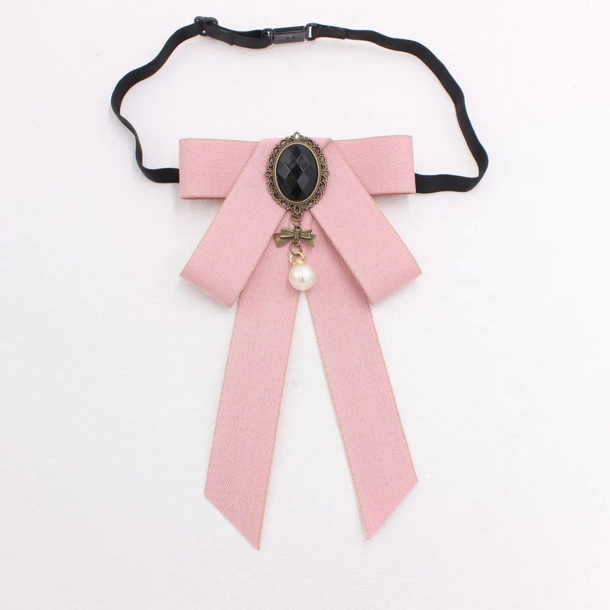 Papillon gotico Lolita da donna Cravatta a nastro con ciondolo di perle vintage Accessorio uniforme regolabile per abiti da prestazione per ufficio scolastico