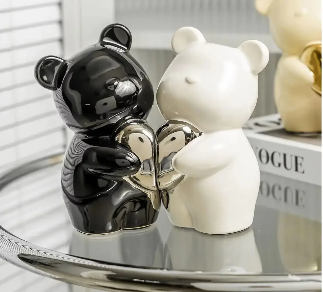 Nordic Hugging Bear Bookends, Ceramic Book Shelf Holder, Minimalist Decorative Statue for Living Room, TV Stand & Office Desk