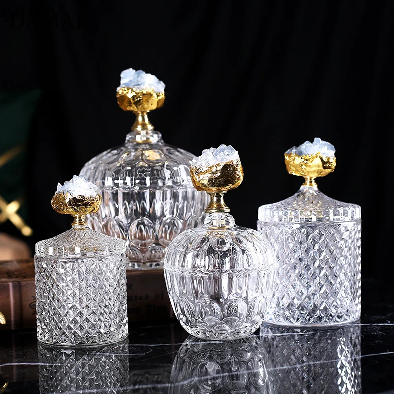 Natural Crystal Decorative Glass Jars with Lid Simple Candy Pot Tea Leaf Storage Grain Dispenser Coffee Table Decorations