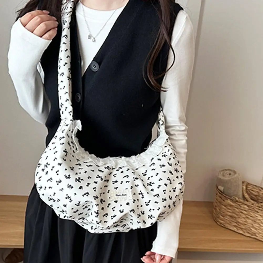 Korean Style Floral Pleated Shoulder Bag Women Lace Splicing Messenger Tote Large Capacity Commuter Crossbody Handbag