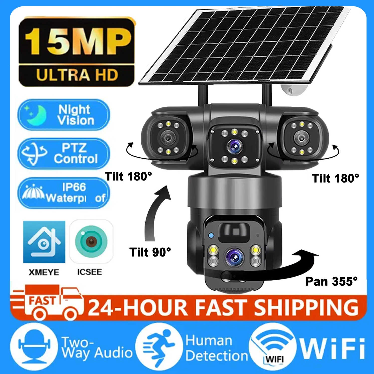 

Solar Camera 4G Sim Outdoor 3 Lens 3 Screen 10X Zoom PIR Human Detect Cameras Waterproof Night Vision CCTV Security Protection