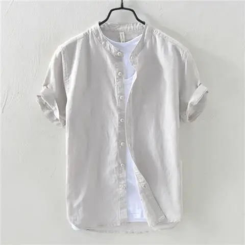 Short-sleeved Shirt Men's Stand Collar Loose Retro Thin Breathable Versatile Inch Clothes Dark Blue Cotton Linen Simple Casual