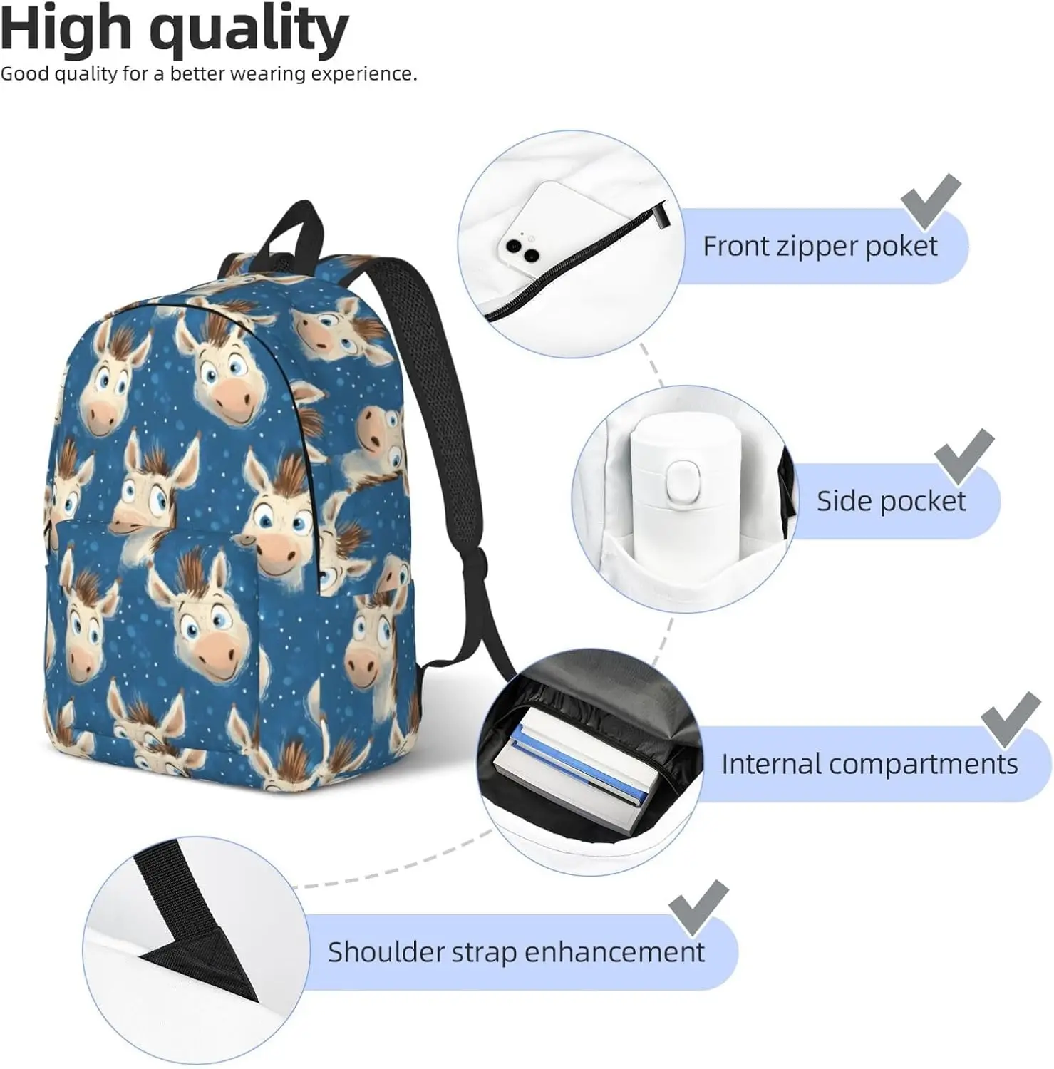 Funny Donkey Blue Print Lightweight Canvas Backpack, Backpack For Women Men Couples, Travel Laptop Bag