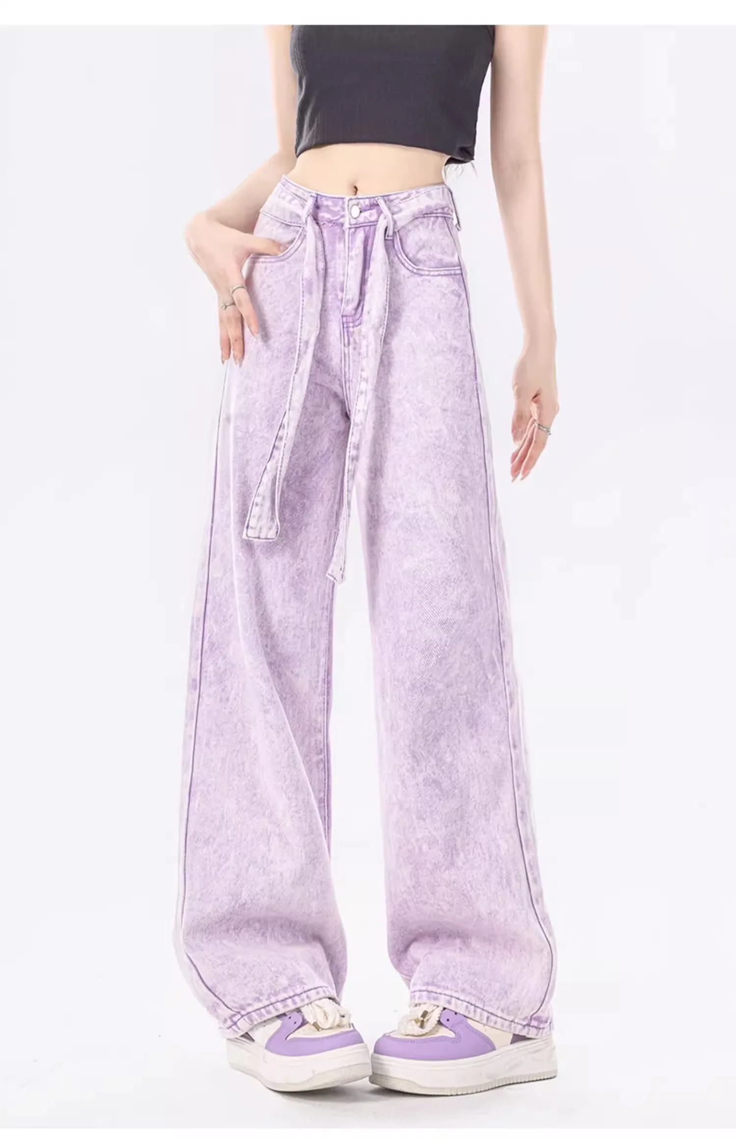 Pink Purple Jeans for Women High Waist Vintage Fashion Y2K Streetwear Wide Leg Jean Female Trouser Straight Baggy Denim Pants