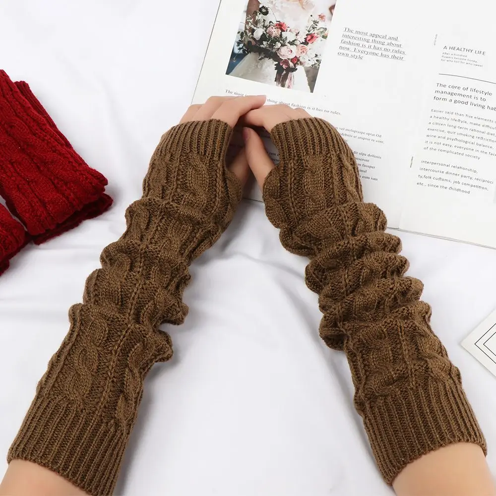 Fashion Autumn Winter Spring Warm Women Ladies Girl Solid Gloves Arm Warmer Long Fingerless Xmas Knitting Wool Mittens