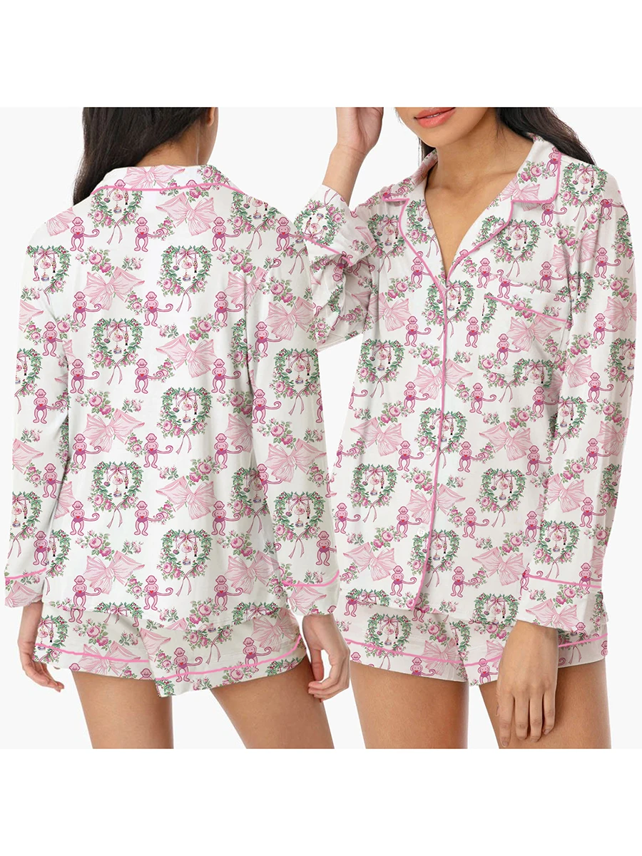 Women s 2 Piece Lounge Set Long Sleeve Lapel Bow Monkey Print Button Up Tops Shorts Sleepwear Sets