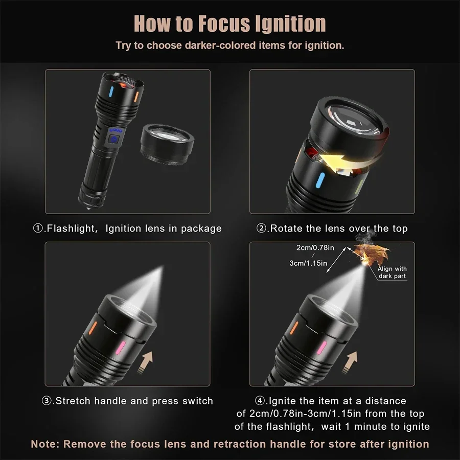 High Power LED Flashlight with Flame Ignition Type-C Rechargeable Zoom Torch Window Breaker for Outdoor Camping Hiking Lantern