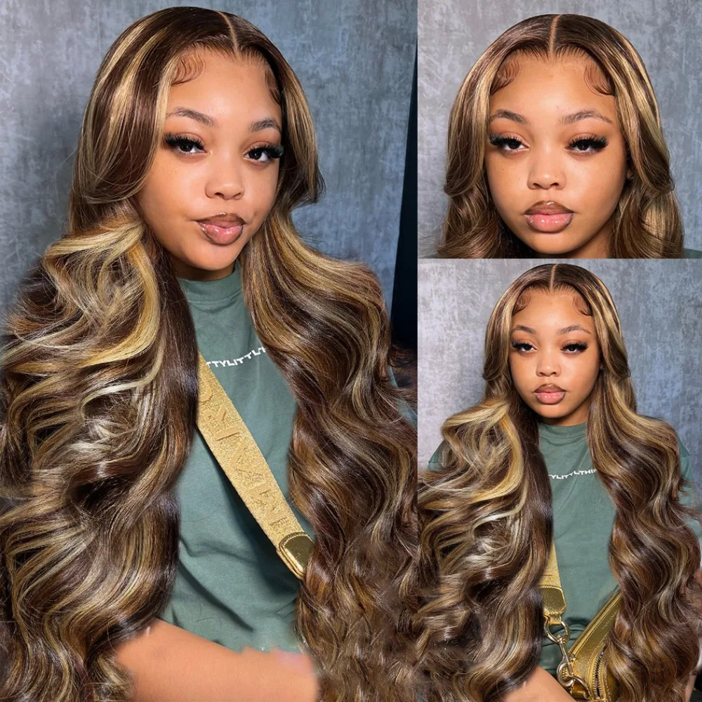 密度200 36インチ 4/27 ハイライト ボディウェーブ 13x6 レースフロントウィッグ ブラウンカラー 13x4 HDレースフロントウィッグ グラデーションブロンド 100%人毛