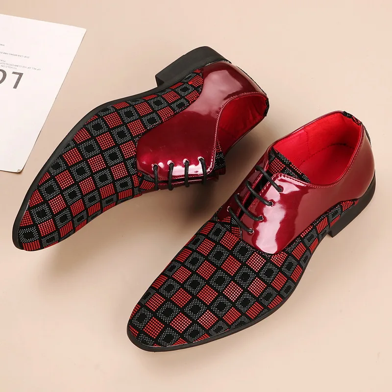 

New Red Checkered Formal Shoes Men Fashion Gentleman Dress Shoes Man Comfy Casual Men’s Bussiness Leather Shoes zapatos de cuero