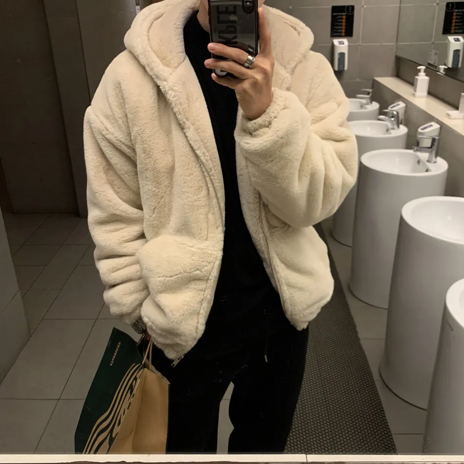 

Winter faux lamb wool jacket men's padded thickened cotton clothing loose fleece jacket cotton clothing