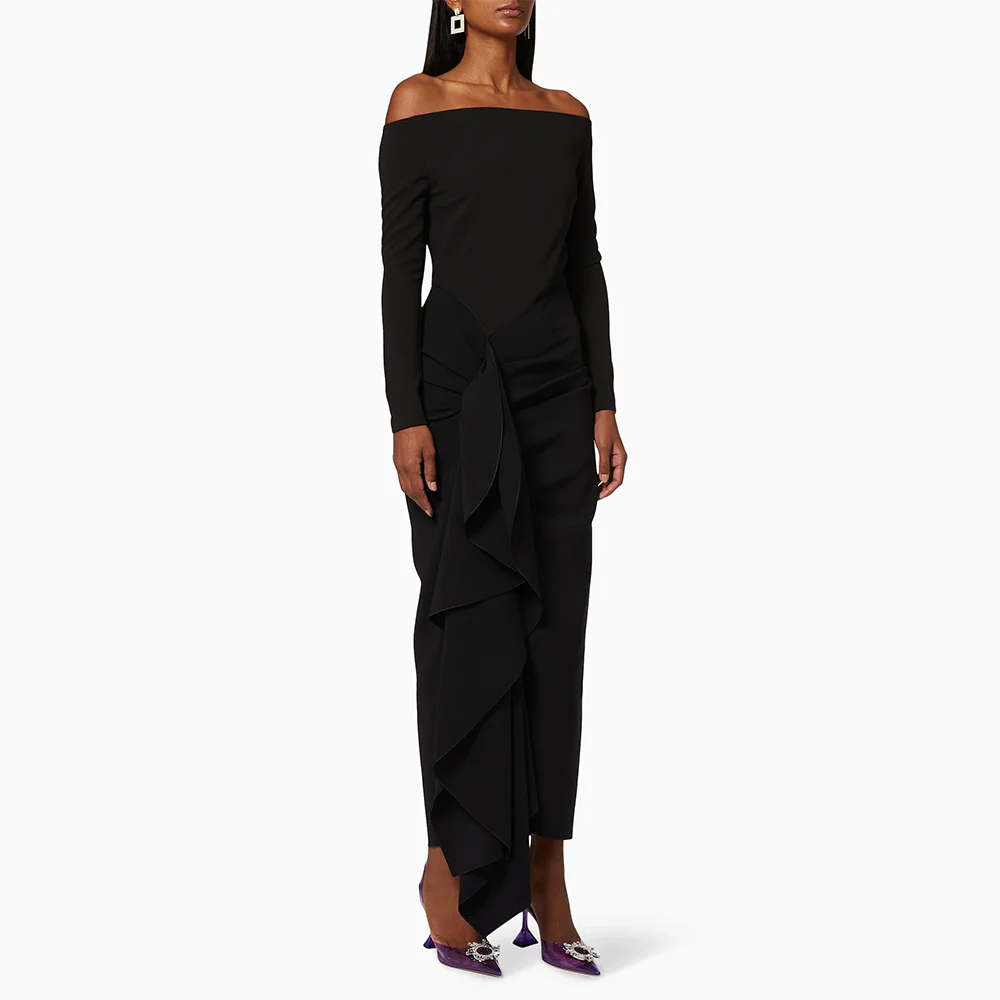 فستان سهرة برتقالي مخصص بدون أكتاف ورقبة قارب غمد لحفلات الكوكتيل وأكمام طويلة من الجيرسيه فساتين حفلة موسيقية ميدي #6