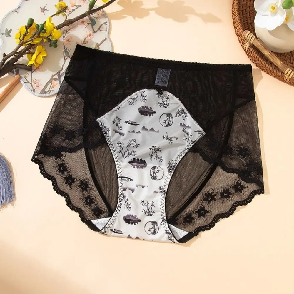 

Chinese Style Lace Mesh Panties Ink Wash Painting Mid Waist Satin Silk Briefs Women Underpants Quick Dry Lace Flower Underwear