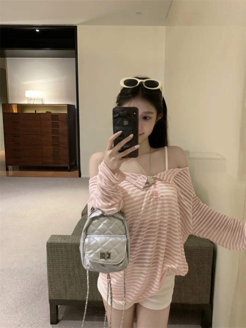 Rose rayé longue Sve une épaule T-irt femmes début du printemps paresseux Sle ample décontracté oulder exposition haut