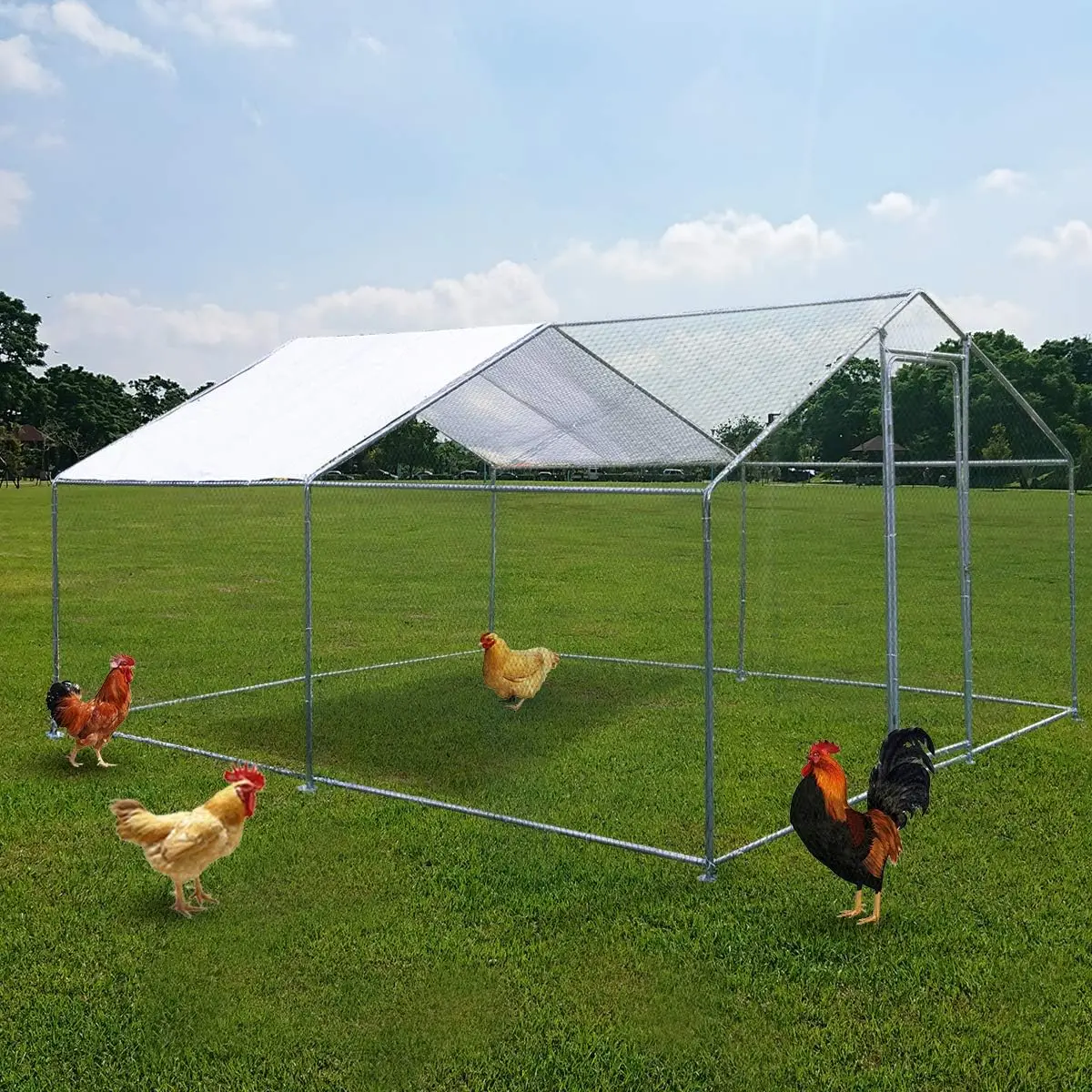 

Large Walk in Metal Chicken Coop Poultry Cage Hen House 10 L x 13 W x 6 6 H w Chicken Run Cover for Farm Home use 79 2 H x 120