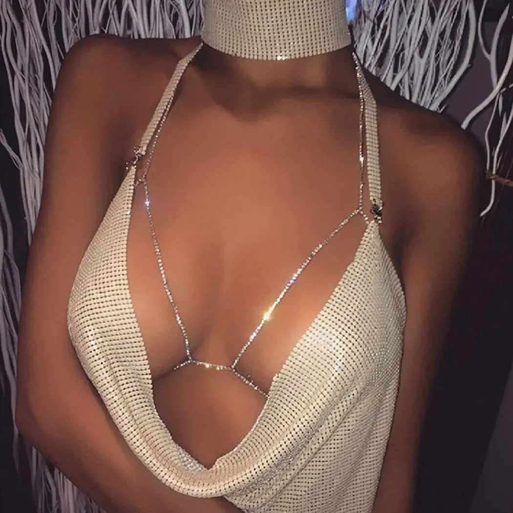 Shiny Rhinestones Tassel Sexy Chest Chain for Women Girls Fashion Metal Bra Cross Bikini Within Hollow Body Chain Jewelry