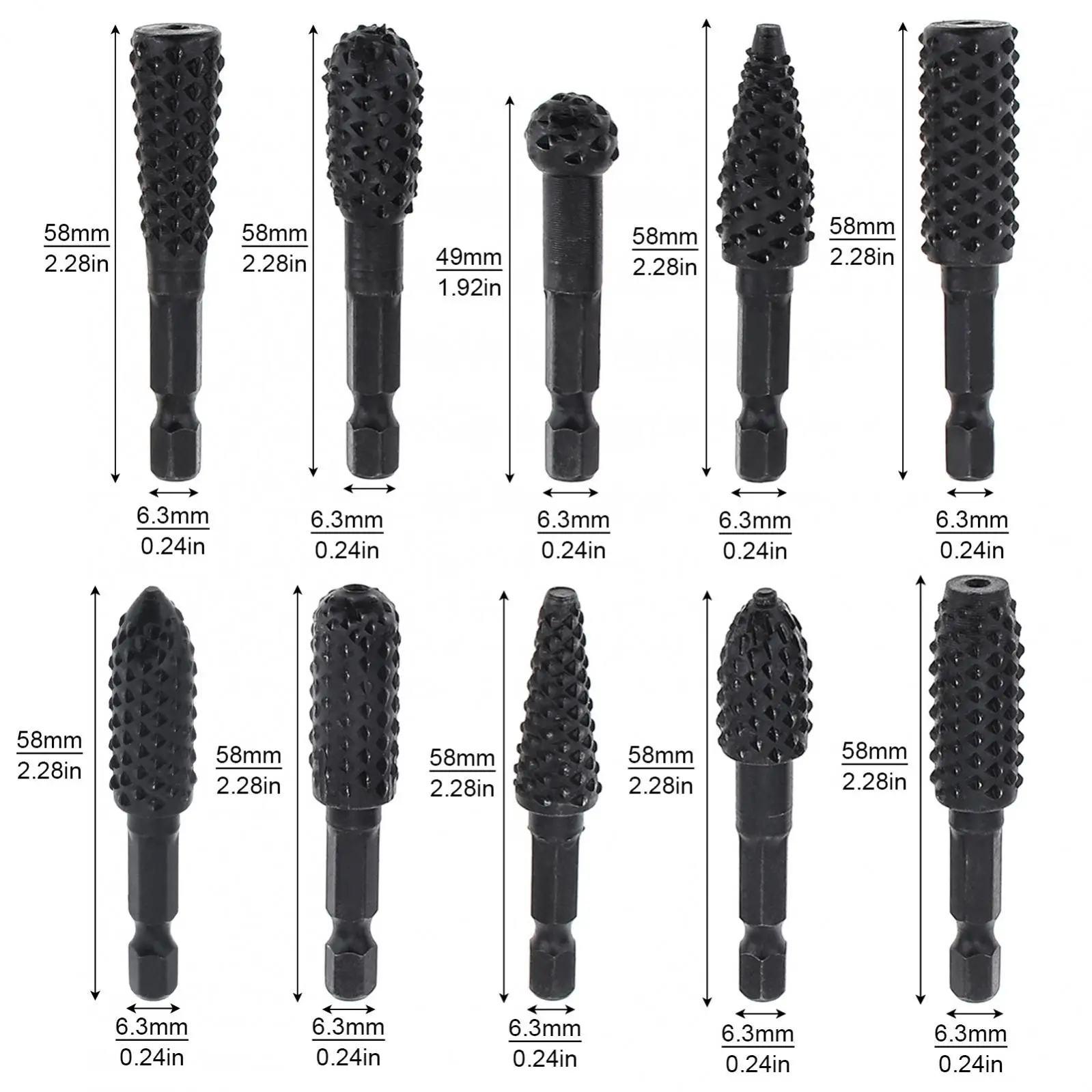 10pcs/set Rotary Burr Wood Carving Rasp Files Set for Deburring / Shaping / Grooving Woodworking Tool with 1/4-Inch Hex Shank