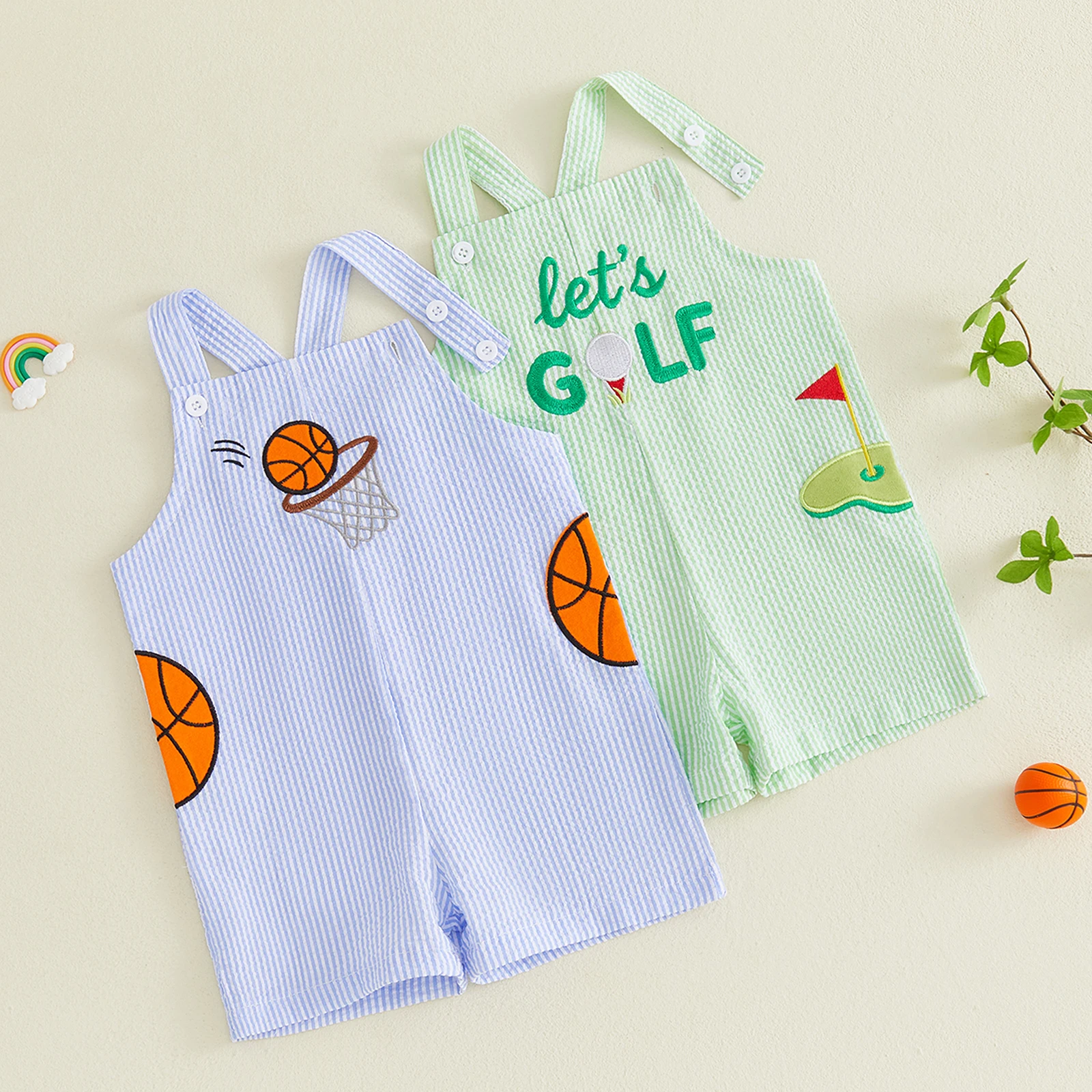 Toddler Boys Summer Overalls Adorable Baseball Themed Embroidery Striped Sleeveless Square Neck Jumpsuit