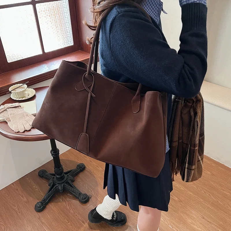 

Vintage Faux Suede Large Capacity Tote Bag Maillard Women Handbags Autumn Winter Trend Big Shoulder Bags Commuter Underarm Bag